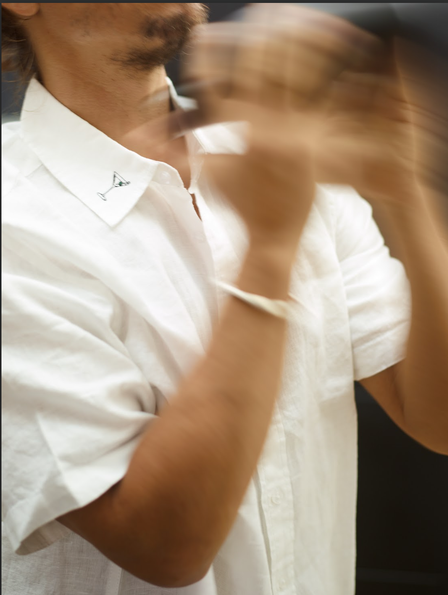 Men's white linen shirt with martini on the collar